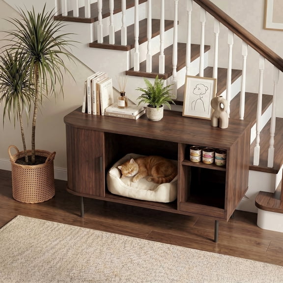 Naipo 37.4-inch Cat Litter Box Enclosure with Litter Mat&Sliding Door,2-in-1 Hidden Cat Litter Furniture with Storage Compartment,Walnut