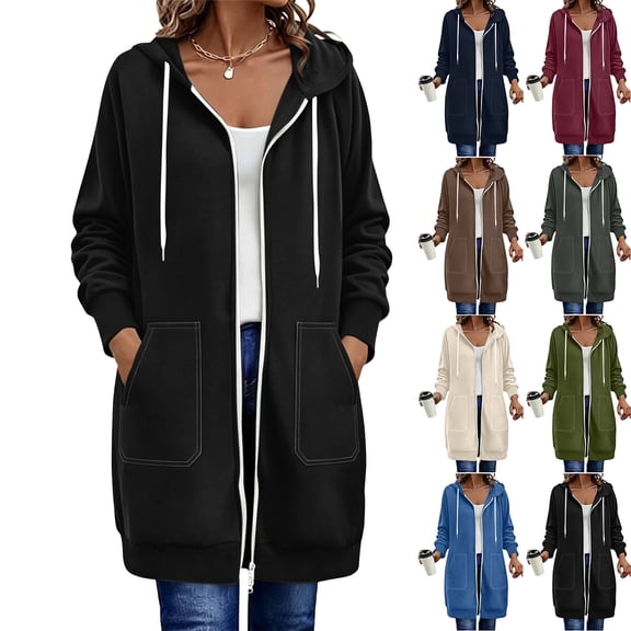 Long Full Zip Up Hoodie for Women with Pocket Oversized Sweatshirt Coat | Womens Plus Size Zipper Jacket Athletic Sweatshirts Soft Comfy Hoodies Fall Winter 2026 Clothing, #01_Black, L