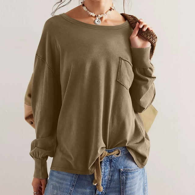 DPTALR Blouses à Manches Longues et Col Rond pour Femmes, Coupe Ample, avec Poche