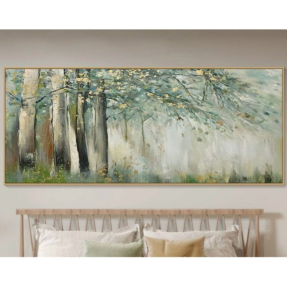 Miluva Sage Green Gold Forest On Abstract Textured Wall Art Handmade Trees Art Department Wall Decor Natural Scenery Decor For Living Room Bedroom, 8x12 UNFRAMED