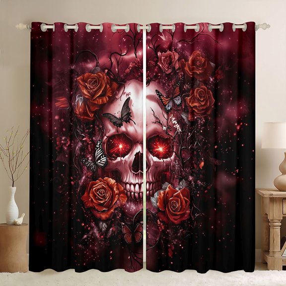 Castle Fairy Floral Butterflies Black Out Curtains for Boys Girls,Gothic Floral Rose Skull Curtains Pack of 2 (42x63 Each),Abstract Gradient Bedroom Curtains,Lightweight Room Decor