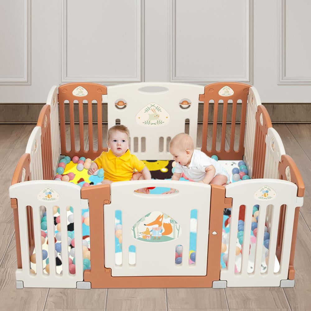 Zimtown HDPE 14 Panel Baby Playpen Kid Fence Play Yard, Brown