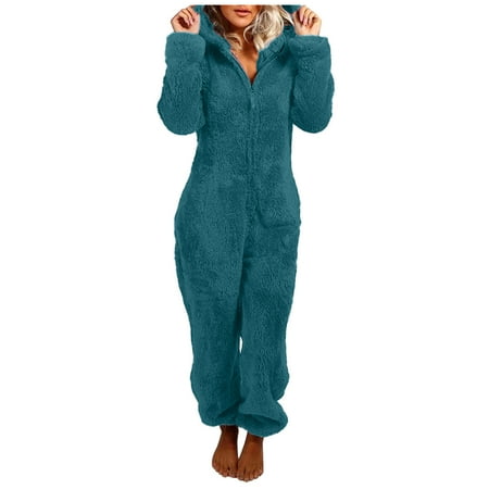 

Dtydtpe pajamas for women Women s Artificial Wool Long Sleeve Pajamas Casual Solid Color Zipper Loose Hooded Jumpsuit Pajamas Casual Winter Warm Rompe Cute Ears Sleepwear Green