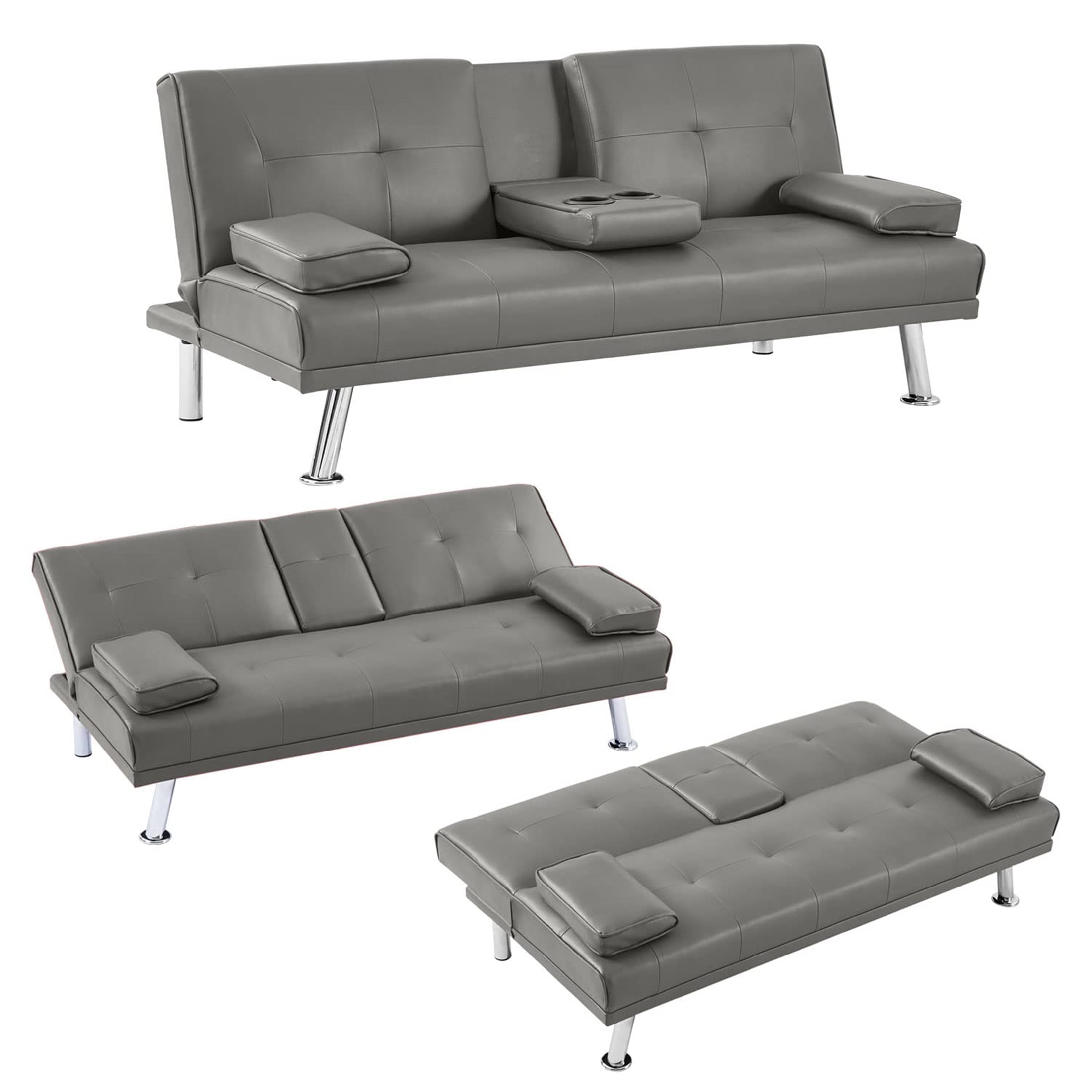 Aukfa Leather Futon Convertible Sofa Bed, 2 Cup Holders Twin Size, Gray