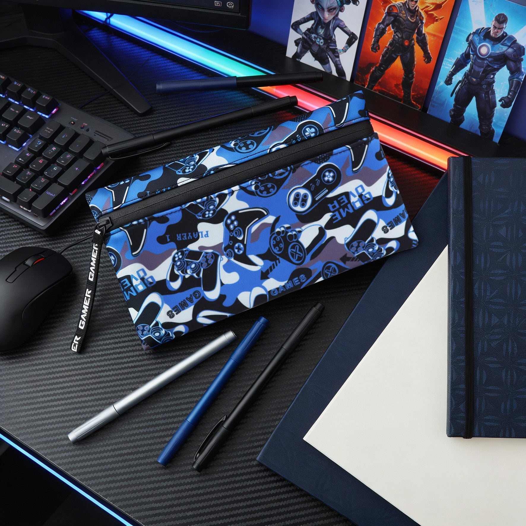 Pen+Gear Gaming Controller Design Flat EVA Pencil Pouch, Black Zip with Gamer Zip Pull, Middle and Elementary School