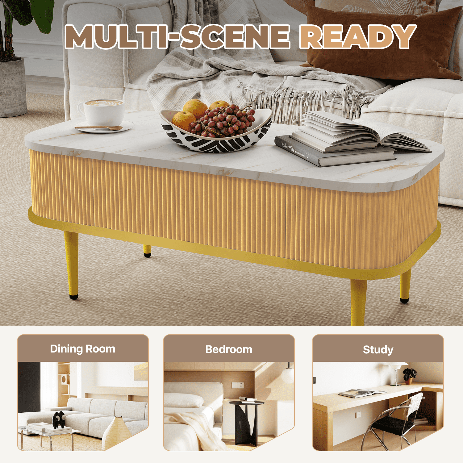 BaPiPro 39" Lift Top Coffee Table with Storage, Modern Fluted Rectangle Center Table with Hidden Compartment for Living Room, Home Office, Oak