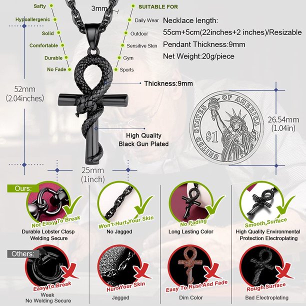 Collier Homme Croix Ankh Serpent Égyptien Acier Inoxydable FaithHeart