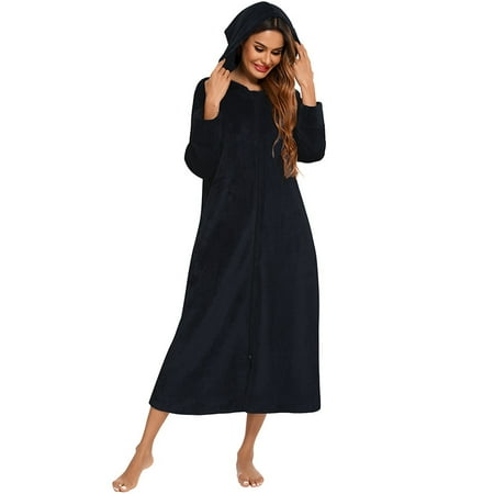 

Winter Women Hoodie Zipper Nightgown Long Sleeve Pajamas Black-S