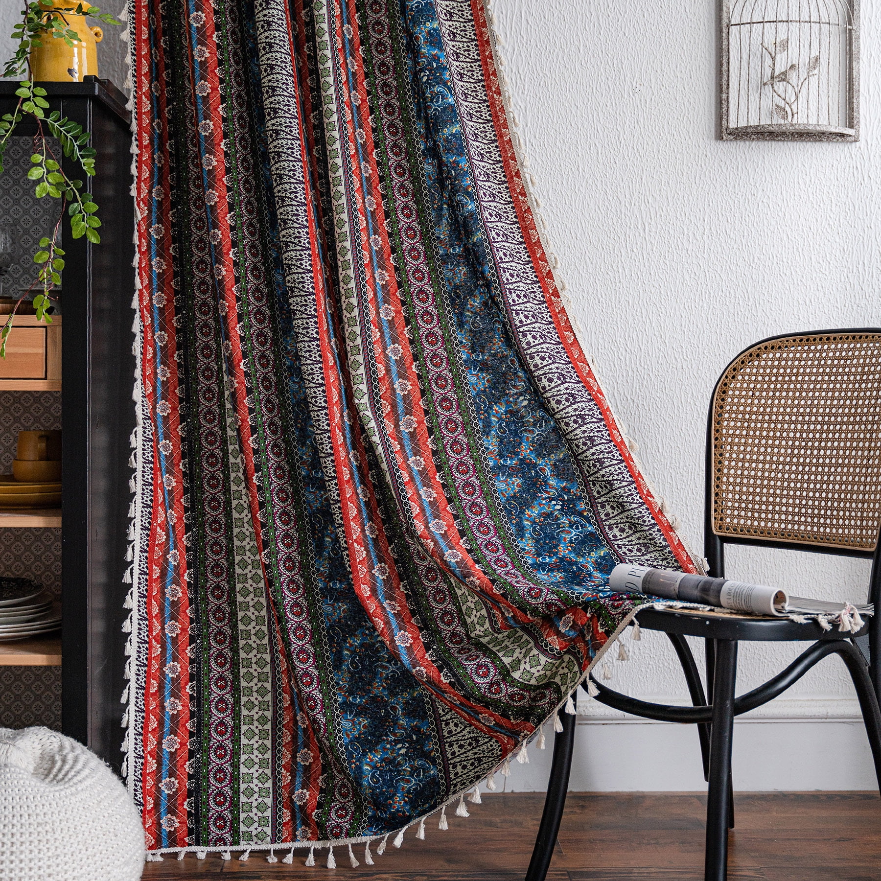 VOGOL Farmhouse Boho Striped Tassels Window Decor, Semi Blackout Bohemian Geometric Curtains for Dining Room Office, 1 Panel, Rod Pocket, 59 x 94 Inches, Red CURTAIN & Blue