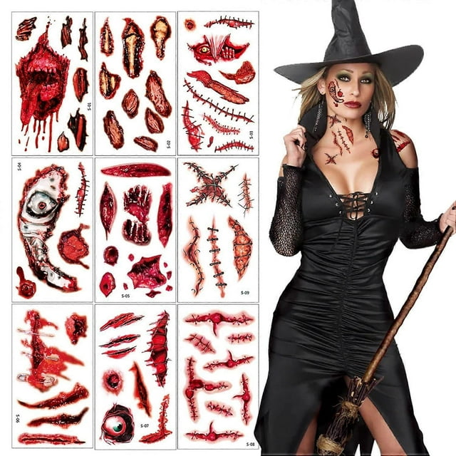 Halloween Tattoos For Adults,Fake Zombie Prank Makeup Stitches Scars Cuts Stickers Wound Realistic Pattern Vampire Bite Marks Kids Clown Bloody Props