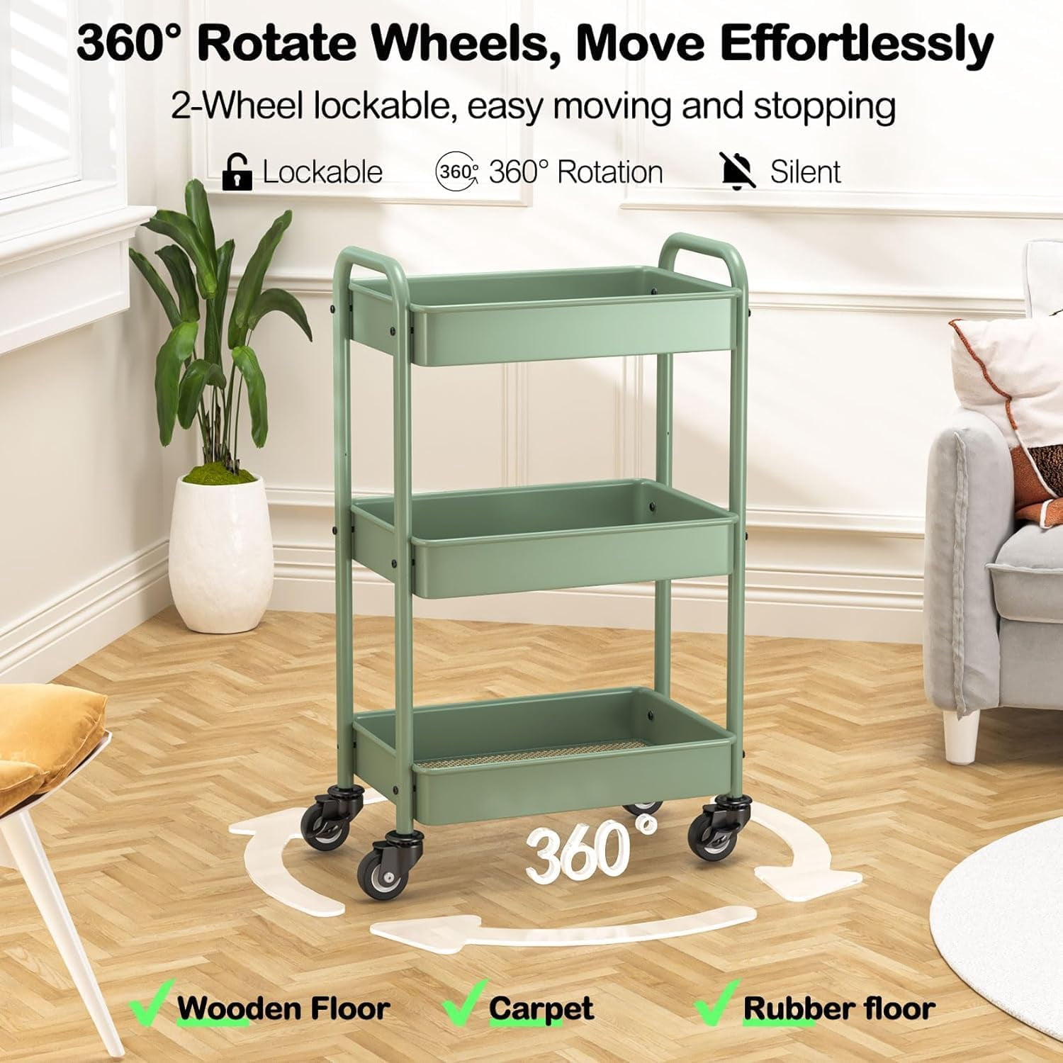 3-Tier Rolling Cart, Green, 66 Pounds Capacity, Mesh Storage Organizer with Lockable Wheels, 3 Hanging Cups, 4 Hooks, Easy Assembly, for Kitchen, Bathroom, Laundry, Grocery