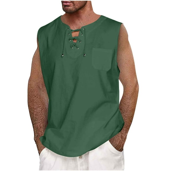 BSDJILFG Tank Tops for Men,Big & Tall V Neck Lace-Up Tie Summer Casual Tank Sleeveless Solid Color CottShirts Loose Vest Shirts,Sizes M-5XL