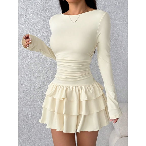 IROOZIGOTO Women's Y2k Mini Dress Long Sleeve Ruched Layered Ruffle Hem CasualGoing Out Dresses