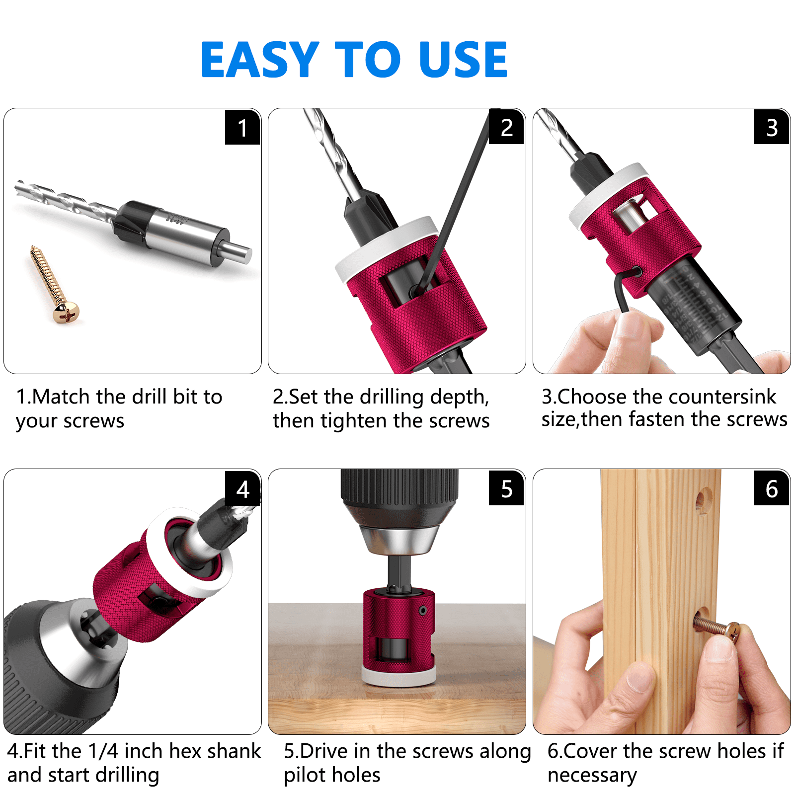5Pcs Countersink Drill Bit Set with Adjustable Depth Stop, 1/4" Hex Shank Quick Change Drilling Tool Kit, 82° Woodworking Chamfer Bits for Wood, Plywood, MDF, Plastic
