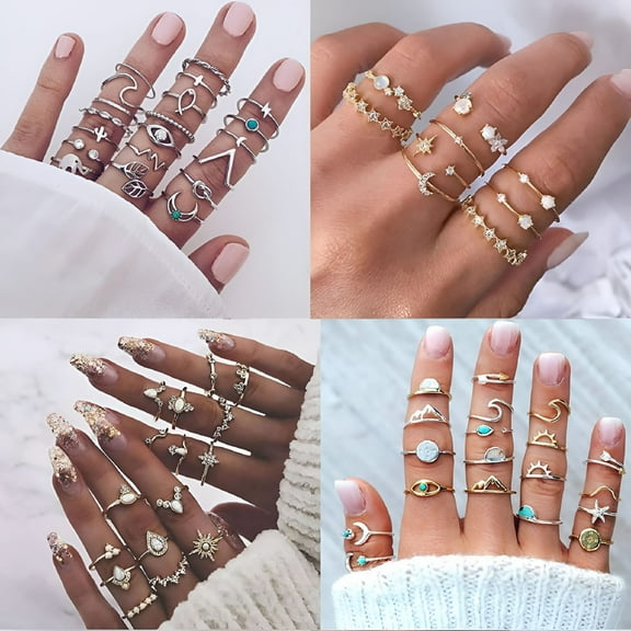 TELOLY 64 Pcs Knuckle Rings Set Stackable Finger Rings for Women Bohemian Midi Rings Stacking Rings