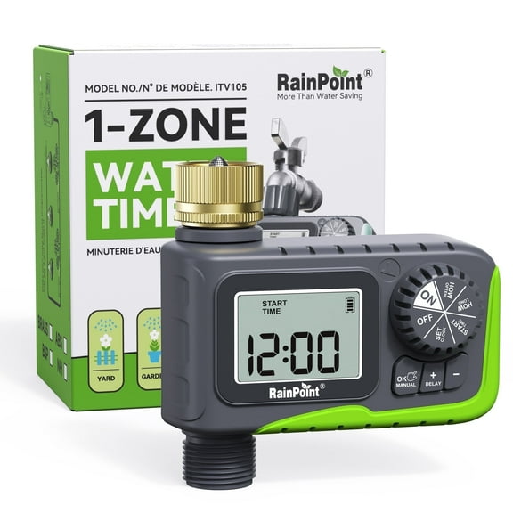 RainPoint Sprinkler Timer, 1-Zone Large Screen Sprinkler Timer Programmable Watering Controller , Brass Inlet, Green
