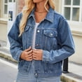 thumbnail image 2 of Yuyuzo Veste en Jean Femme Manches Longues Col à Revers Veste en Denim Boutonnée Basique Manteaux Courts, 2 of 5