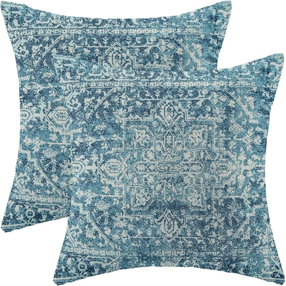 Boho Pillow Covers Set of 2 16x16 Inch Teal Carpet Pattern Decorative Throw Pillows with Linen Ethnic Design for Farmhouse Sofa Couch Outdoor Decor Add a Splash of Color