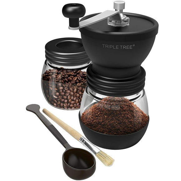 Manual Coffee Grinder with Ceramic Burrs, Hand Coffee Bean Grinder with Two Glass Jars (11oz each), Brush and 2 Tablespoon Scoops