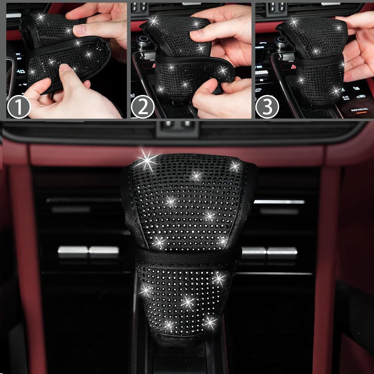 27 Pcs Pink Bling Car Accessories Set for Women, Steering Wheel Cover with Rhinestone Console Cover Seat Belt Cushion Shift Knob Cup Coaster Car Hanging （black）