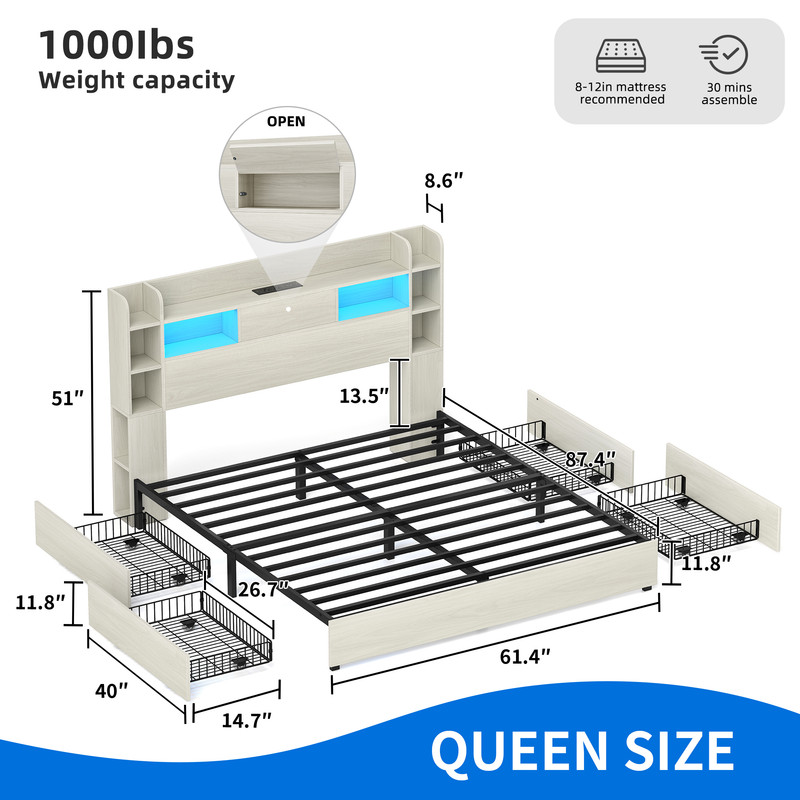 Uforic Queen Bed Frame With Bookcase Headboard & LED Lights, Storage Bed with Power Outlets & 4 Drawers, White