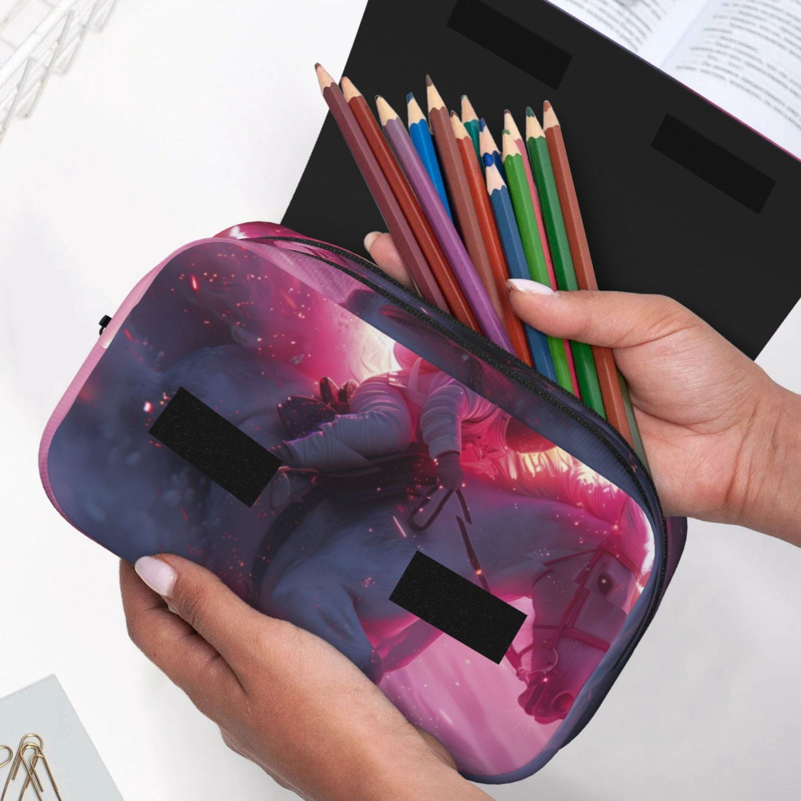Rateoe Astronaut Riding Fiery Horse Pattern Double Clamshell Pen Case, Storage Organizer with Two Zipper Compartments– Holds Up to 50 Pencils & Pens