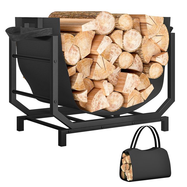 Outsunny Support à Bois de Chauffage Extérieur, Porte-Bûches Robuste avec Sac à Bûches