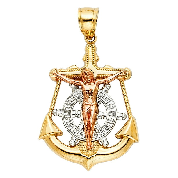 Million Charms 14K Tricolor Gold Religious Mariner Cross Pendant