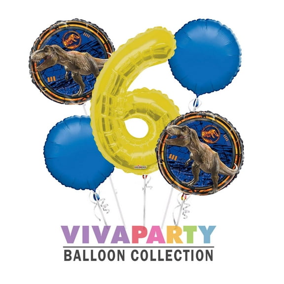 Jurassic World Round Balloon Bouquet 5 pc, 6th Birthday, Gold Number 6 Jumbo Balloon | Viva Party Balloon Collection
