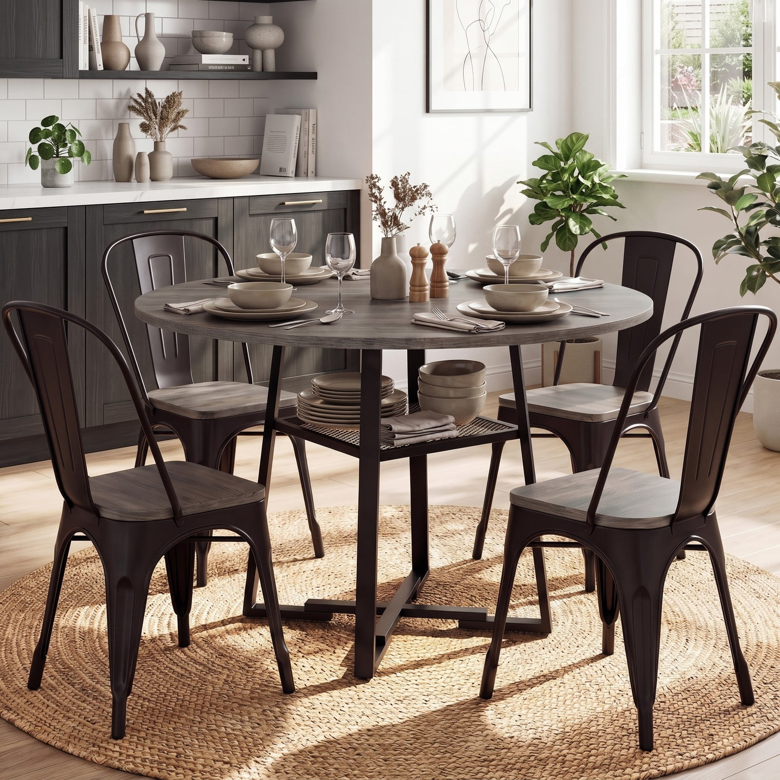 Furnibear 47.5" Round Dining Table for 4-6 with Storage Shelf, Metal Legs and MDF Tabletop, Kitchen Dinette Table with Rubber Wood Crossbars for Home Apartment, Gray