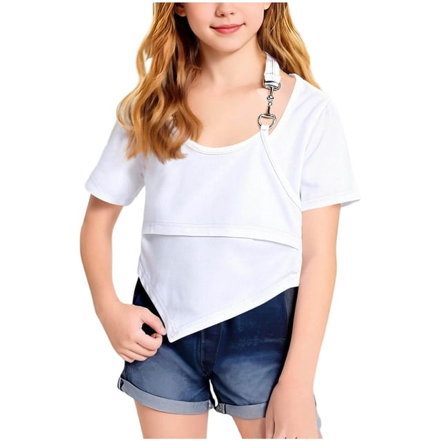 Zpanxa T-Shirts pour Filles Style Western Uni Col Rond Manches Courtes Haut en Nylon Spandex 11-12 Ans