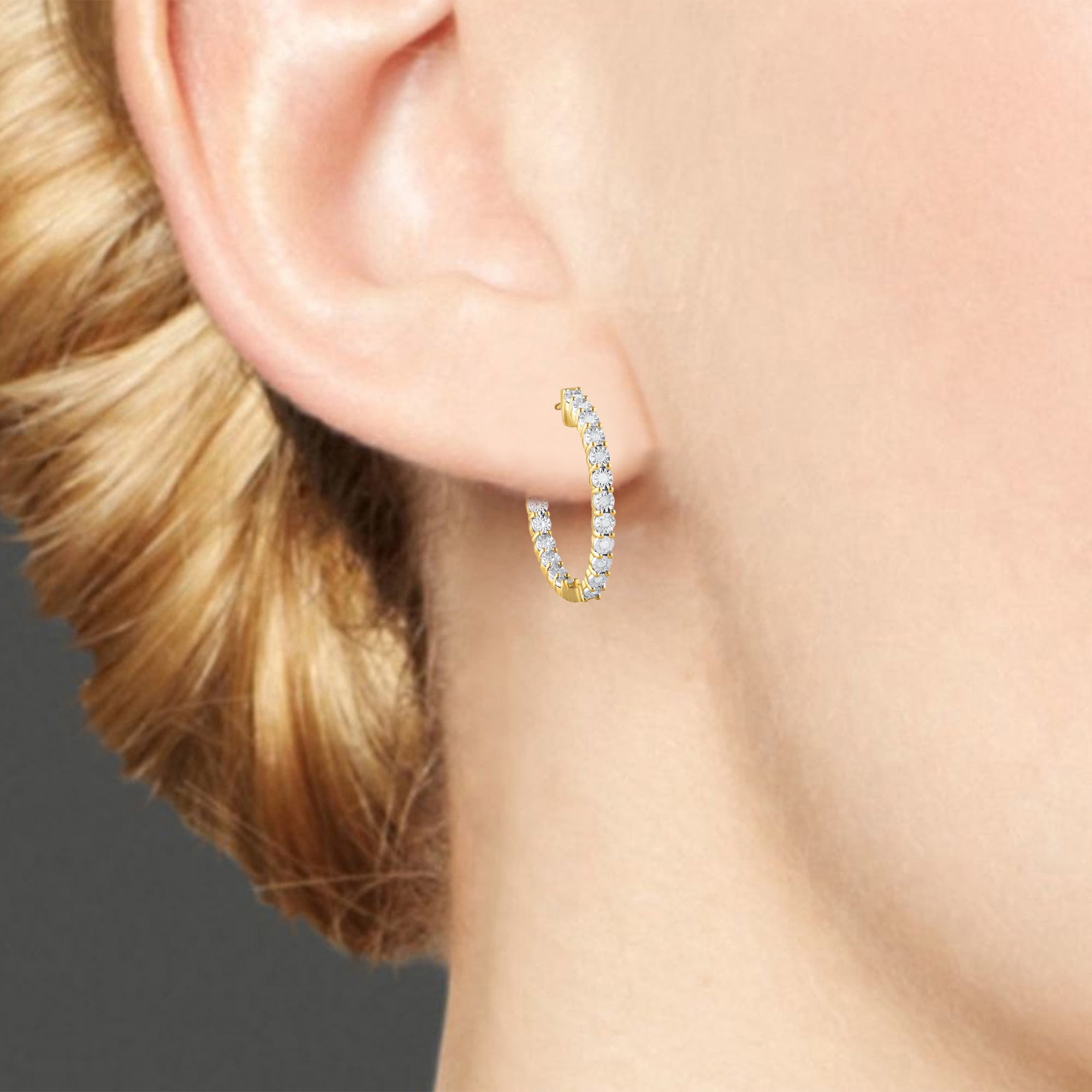 1/2 Carat T.W Sterling Silver Yellow Plated Hoop Earring and Bolo Bracelet 2 Pcs set