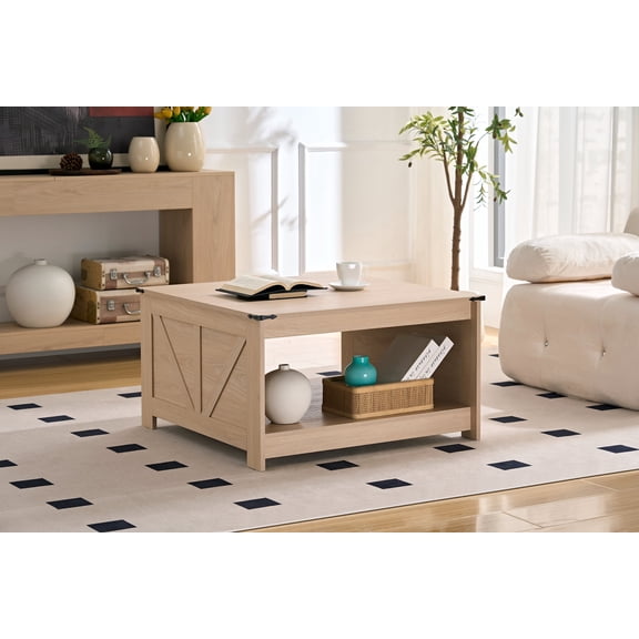 FFZ Farmhouse Coffee Table with Storage, Rustic Wood Cocktail Table, 31.5 x 31.5 x 17.7 inch, Cream Color
