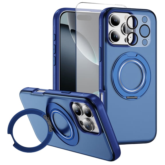 Allytechgroup for Apple iPhone 16 Pro Max Case with Screen Protector & Camera Lens Protector, [Compatible with Magsafe] Ring Holder Stand Shockproof Bumper Translucent Matte Cover, Blue