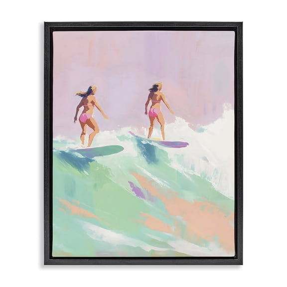 Stupell Industries Two Surfing Girls on Wave Black Framed Floater Canvas Wall Art, design by The Prints Vibe
