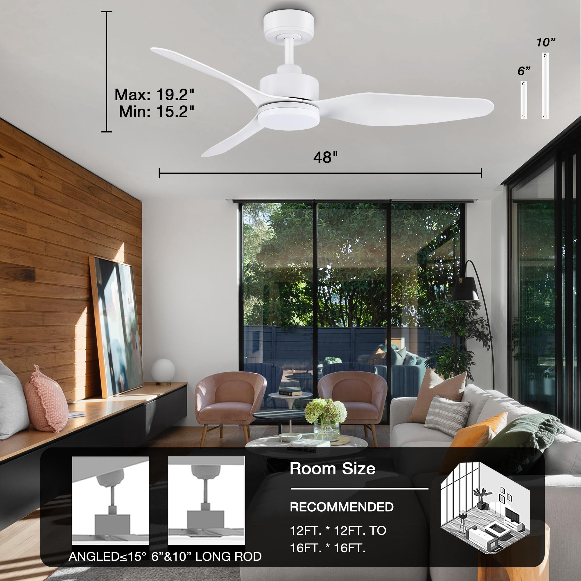 48 Inch Smart Ceiling Fans with Lights Remote Control,Dimmable LED Light,Outdoor Indoor Modern Ceiling Fan,Quiet DC Motor,WIFI Alexa App Workable,Matte White for Bedroom Living Room Patio