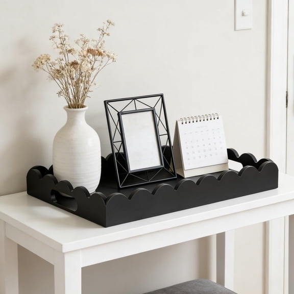 Hanobe Decorative Serving Tray with Scalloped Edge - Black Coffee Table Decor for Living Room Entryway Kitchen Counter