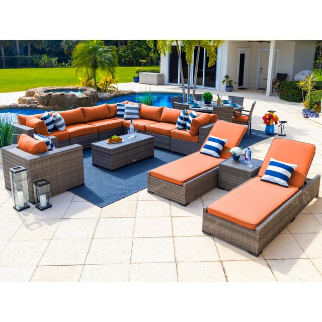 Sorrento 19-Piece Resin Wicker Outdoor Patio Furniture Combination Set in Gray W/ Sectional Set, Round Dining Set, and Chaise Lounge Set (Flat-Weave Gray Wicker, Sunbrella Canvas Tuscan)