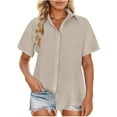 thumbnail image 2 of T Shirts for Women 2025 Short Sleeve Button Down Collared Plus Size Cotton Linen Plain Tshirt Blouse Womens T Shirts, 2 of 7