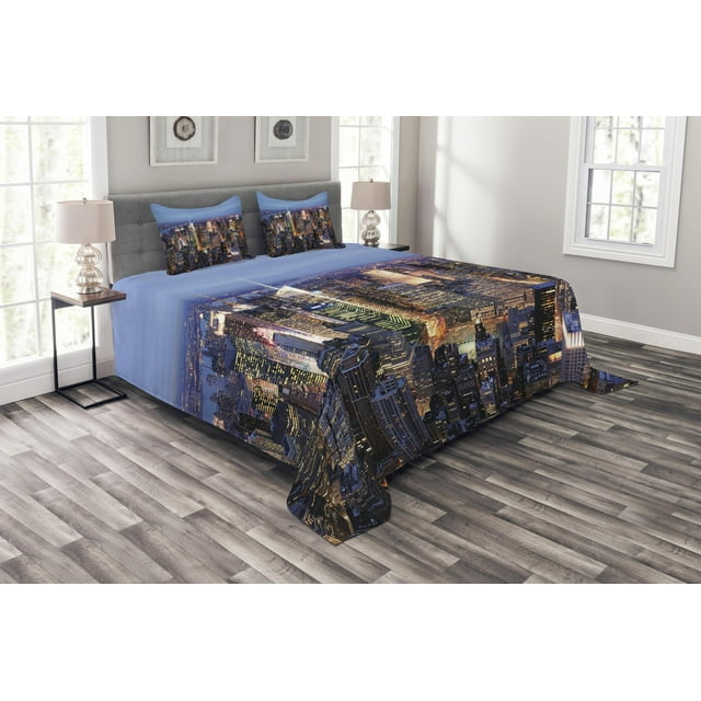 New York Bedspread Set King Size, Aerial View of NYC Full of