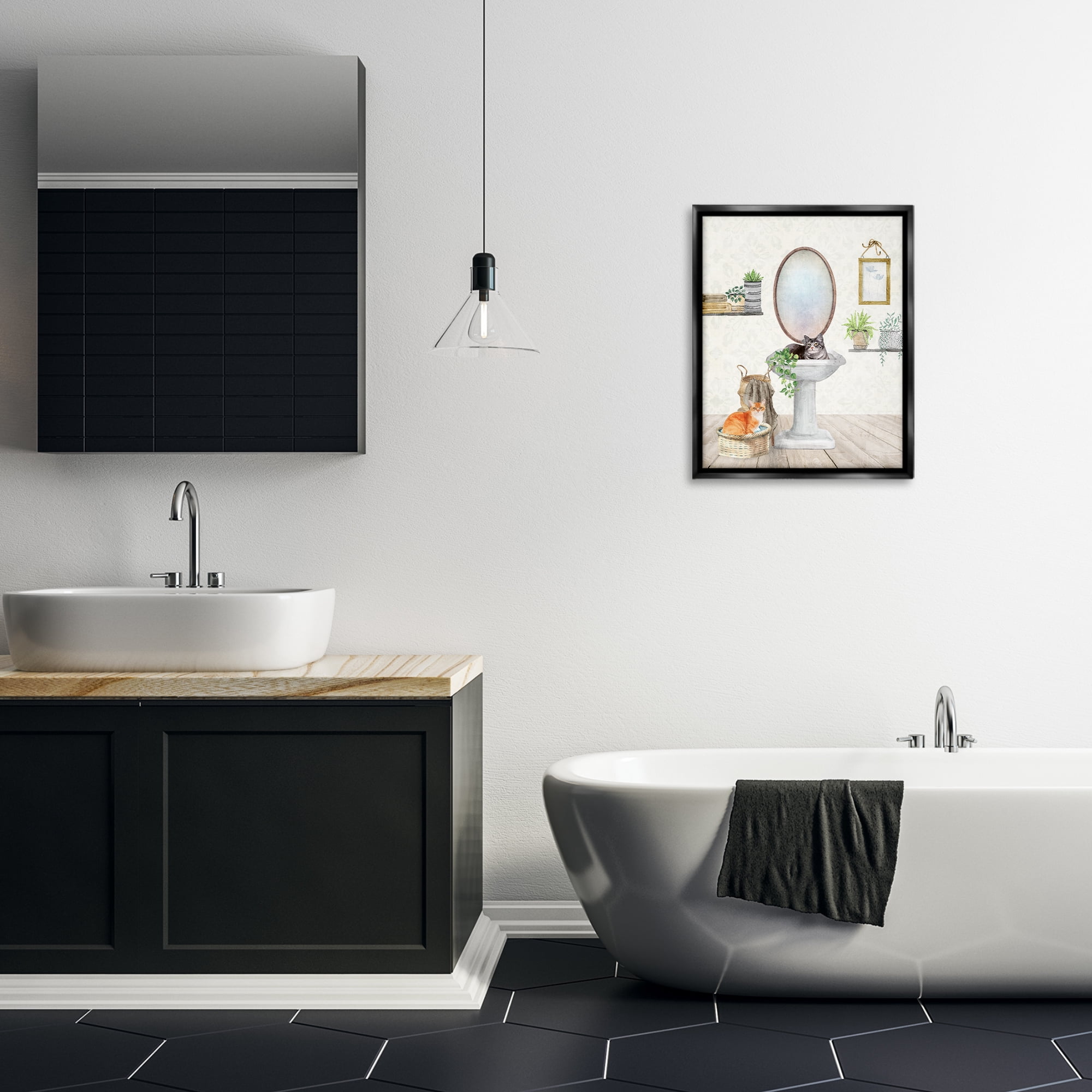 Stupell Industries Cats in Bathroom Scene Bath & Laundry Painting Black Floater Framed Canvas Art Print Wall Art, 17 x 21
