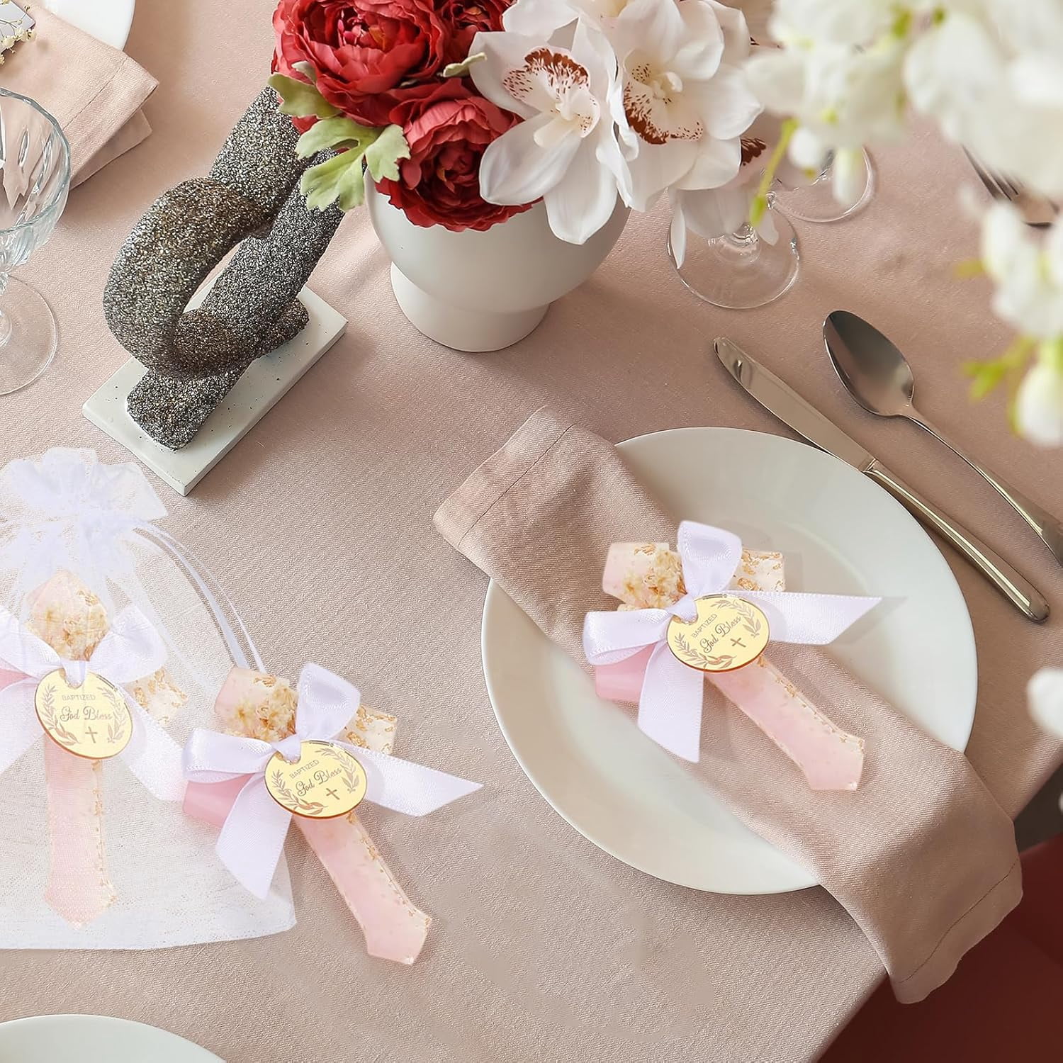 24 Pcs Baptism Favors for Guests Epoxy Cross Fridge Magnets First Communion Cross with Flower Christian Souvenirs Gift for Baptism Christening Baby Shower Party Family Gathering (Pink)