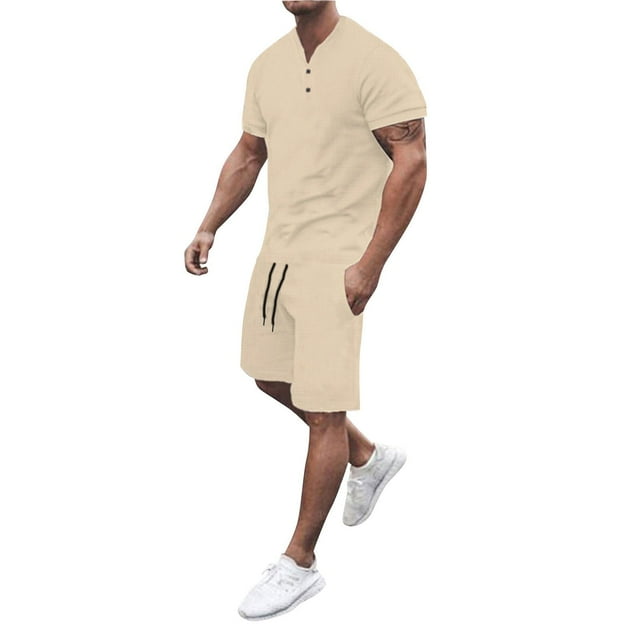 toraway Costumes pour Hommes Coupe Ajustée Ensemble 2 Pcs Extensible Automne Haut d'Été pour Hommes Chemise et Short Ensemble 2 Pcs Tenues Mode Décontractée Manches Courtes Ensemble de Survêtement pour Hommes TG