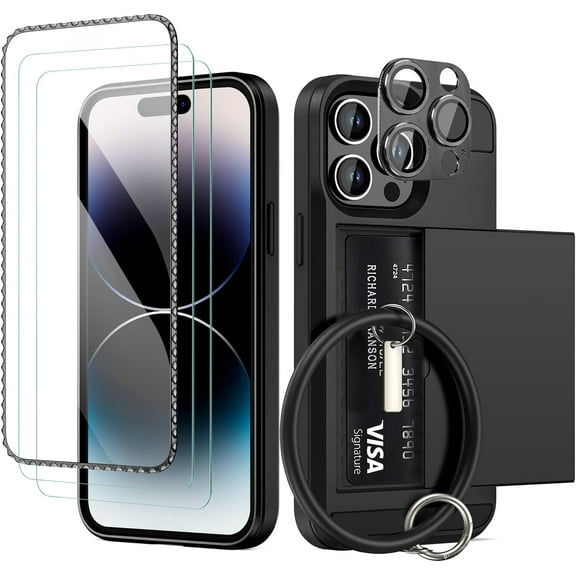 Case for iPhone 14 Pro Max [7 in 1] Wallet Cover with Card Holder Diamond Edge Screen Protector & 2PCS Tempered Glass Film Camera Cover Silicone Wrist Strap Heavy Duty Protective Cover 6.7"