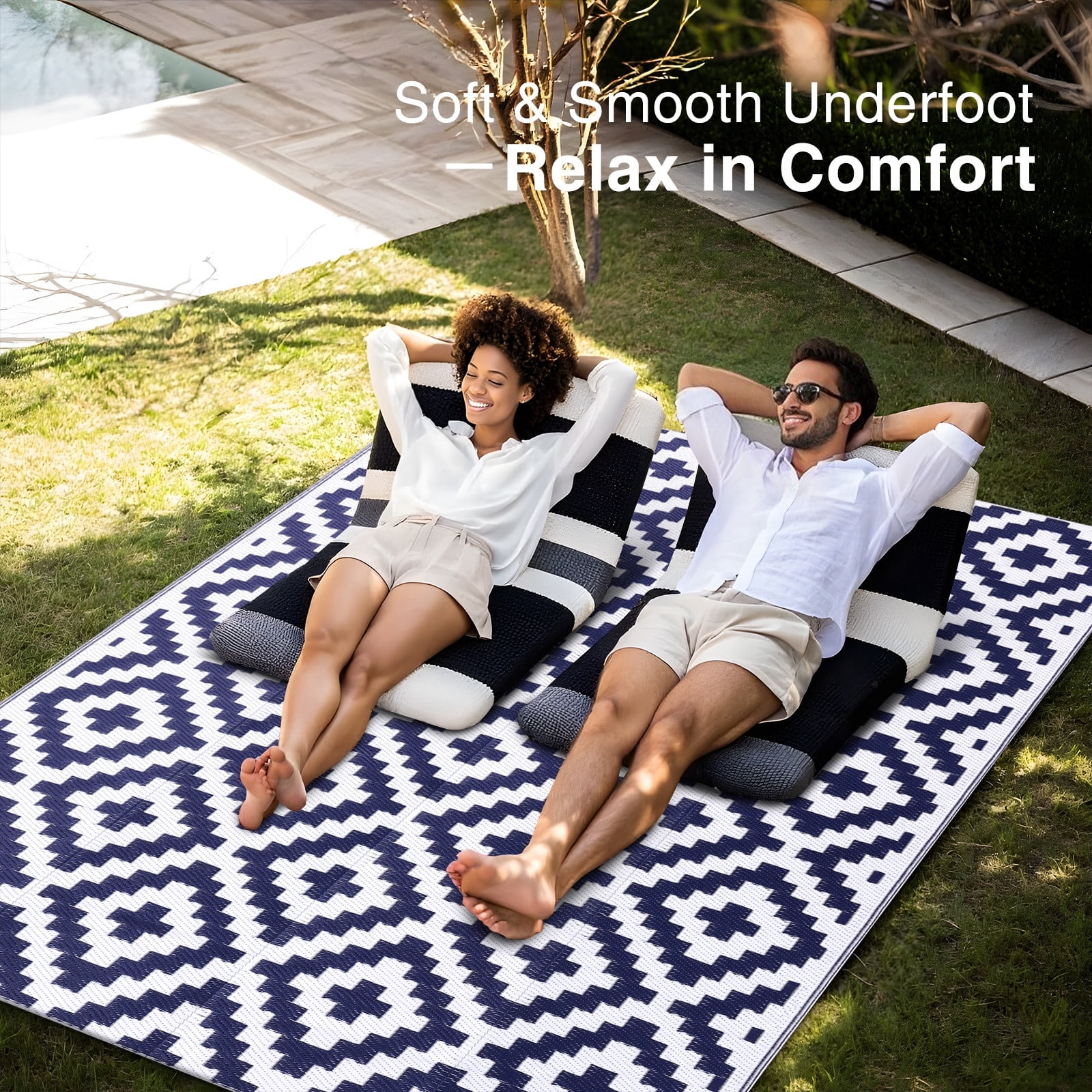 Smiry Outdoor Rug 6x9, Waterproof Reversible Plastic Outdoor Mat, Indoor Outdoor Rugs for Patio, RV, Deck, Porch, Navy & White
