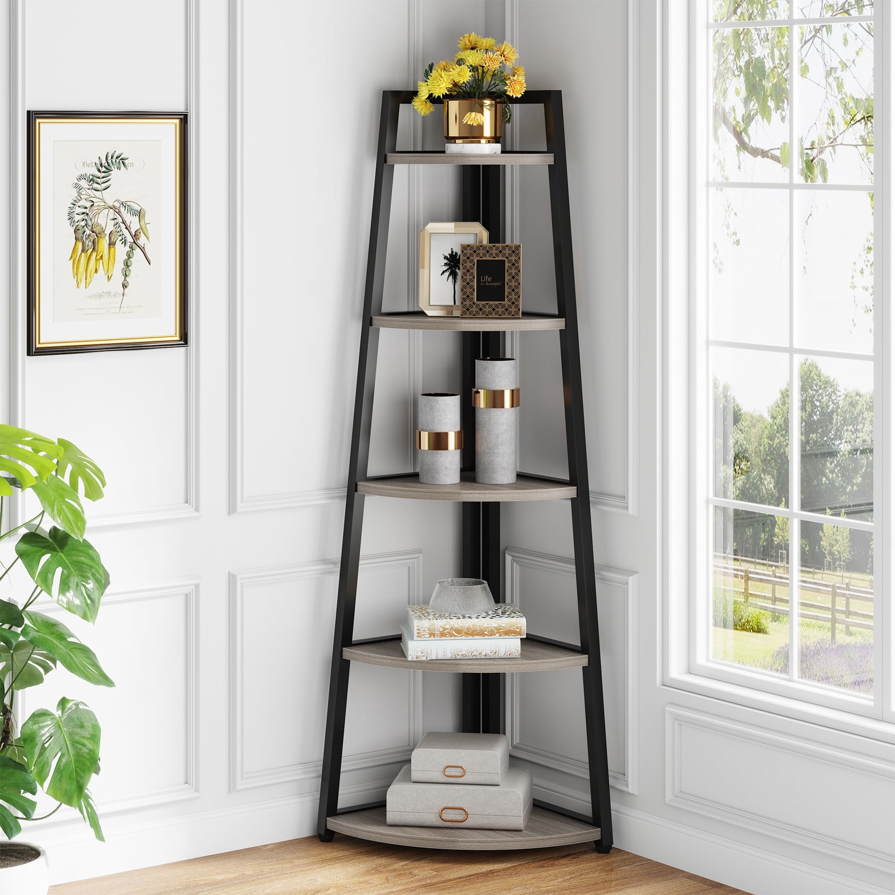 Dropship Corner Shelf; 5 Tier Corner Shelf Tall Rustic Multipurpose  Bookshelf With 1.96'' Wide Frame; Industrial Ladder Shelf And Plant Stand  With Support Foot Pads For Living Room; Home Office to Sell