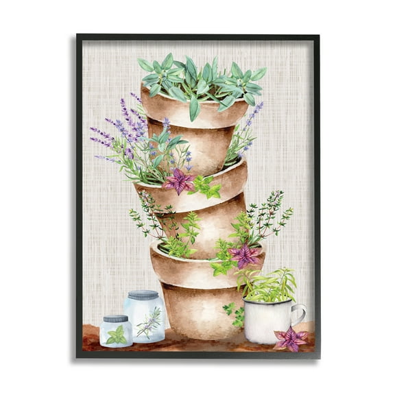 Stupell Stacked Potted Herbs Garden Botanical & Floral Painting Black Framed Art Print Wall Art