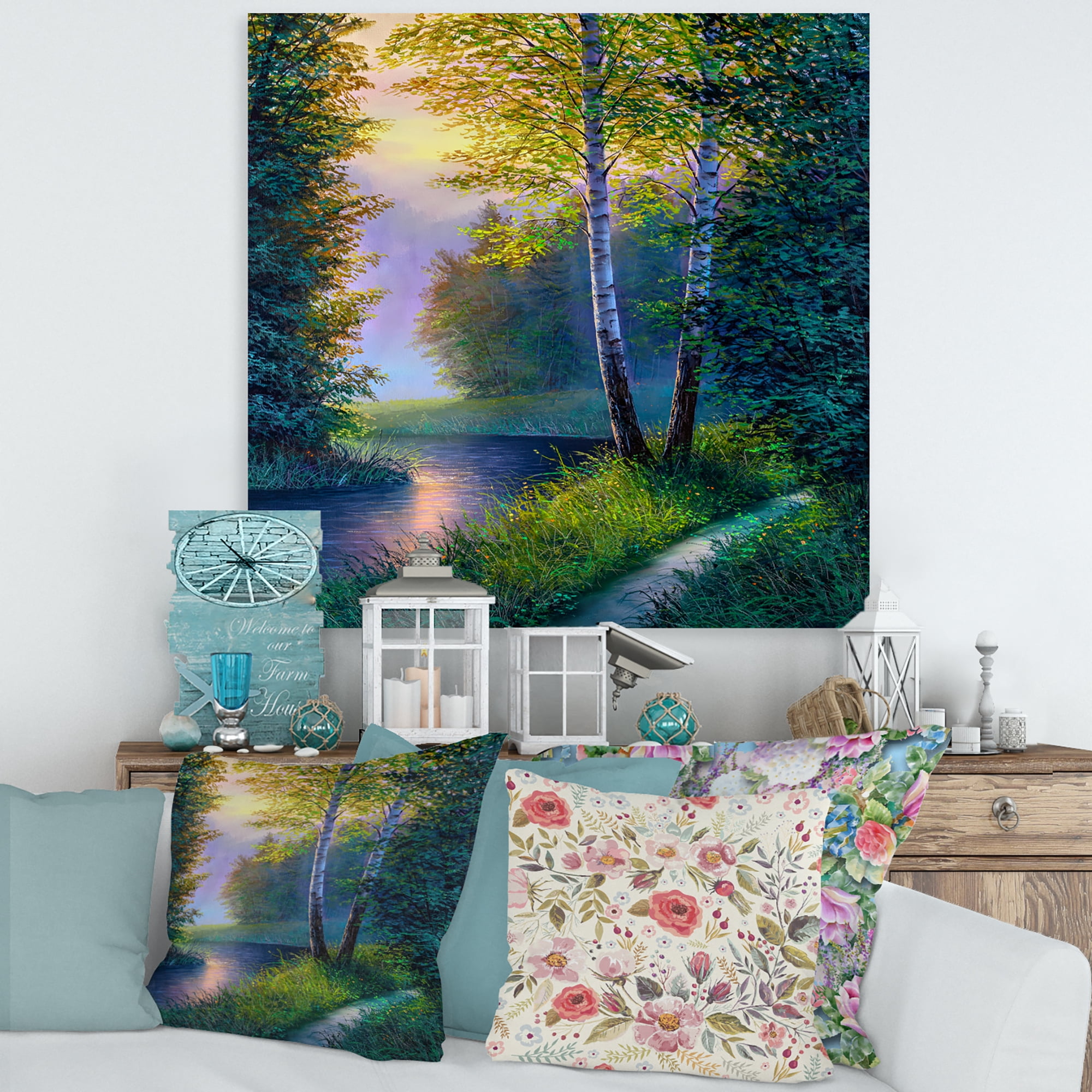 Designart ' Sunrise Glow Through The Birch Forest ' Lake House Canvas Wall Art Print