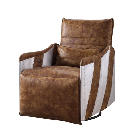 Acme Furniture ACME Qalurne Power Motion Recliner w/Swivel  Two Tone Mocha Top Grain Leather & Aluminum