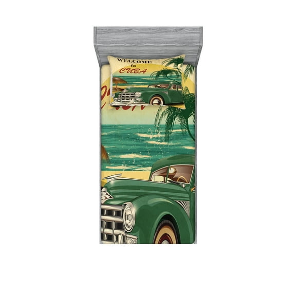 Ambesonne Tropical Fitted Sheet & Pillow Sham Set, Cuba Beach Ocean Palm, Twinxl, Green Cream Yellow